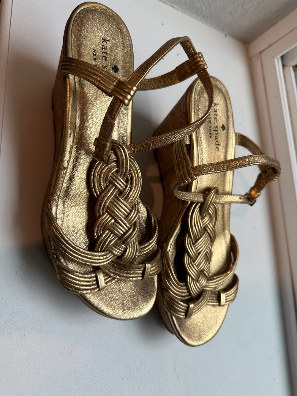 Kate Spade gold wedge heels